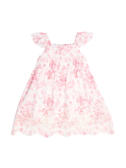 

One Friday Girls White & Pink Floral Printed Smocked A-Line Schiffli Dress