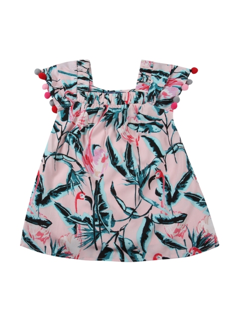 

One Friday Girls Peach & Turquoise Blue Tropical Print A-Line Dress