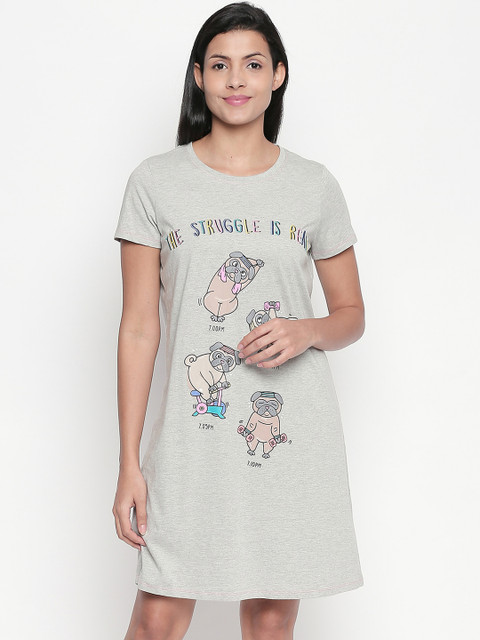 

Dreamz by Pantaloons Grey & Pink Printed Nightdress