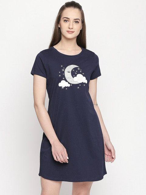 

Dreamz by Pantaloons Navy Blue & White Moon Print Pure Cotton Sleep Shirt