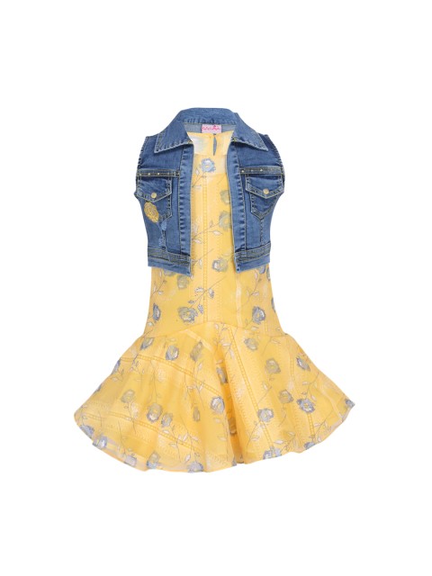 

CUTECUMBER Girls Yellow Floral Printed Drop-Waist Dress With Lace Detail