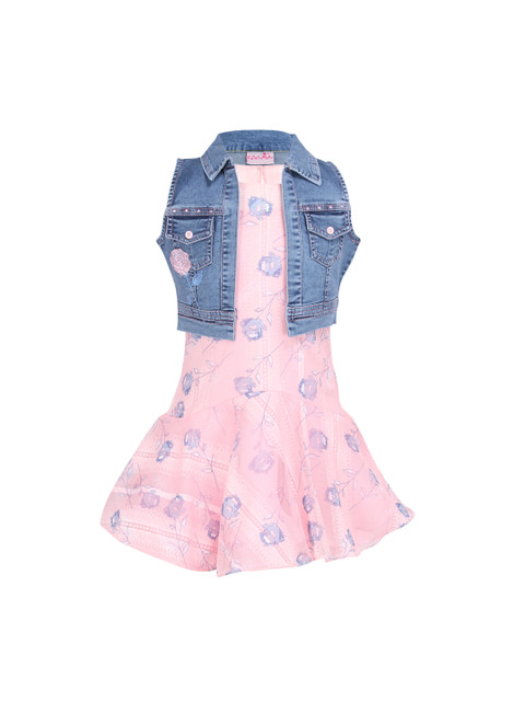 

CUTECUMBER Girls Pink Floral Printed Drop-Waist Dress With Lace Detail