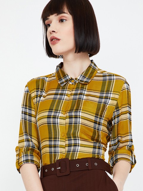 

Fame Forever by Lifestyle Women Mustard Yellow Checked Shirt Style Longline Top