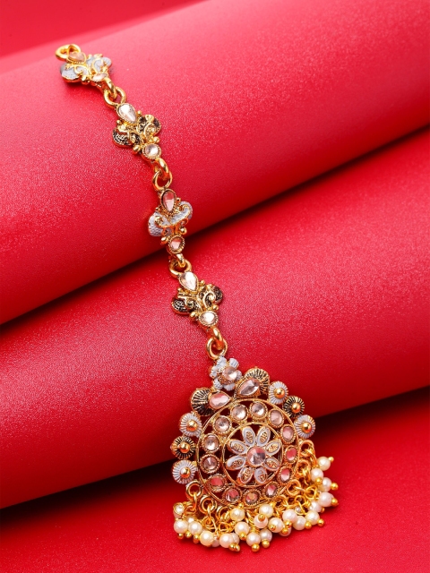 

ANIKAS CREATION Gold-Plated Kundan-Studded Pearl Enamelled Hand-Painted Maang Tikka
