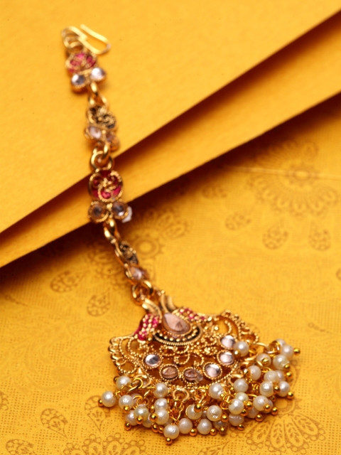 

ANIKAS CREATION Gold-Plated White & Magenta Stone-Studded Pearl Handcrafted Maang Tikka