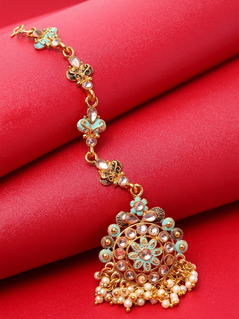 

ANIKAS CREATION Gold-Plated Sea Green & Beige Kundan & Pearl Hand-Painted Ganthan Enamelled Maang Tikka