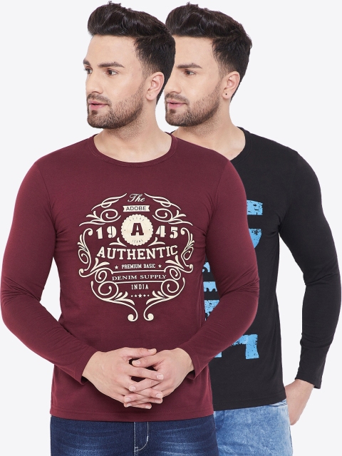 

Adobe Men Pack Of 2 Burgundy & Navy Blue Printed Round Neck T-shirt