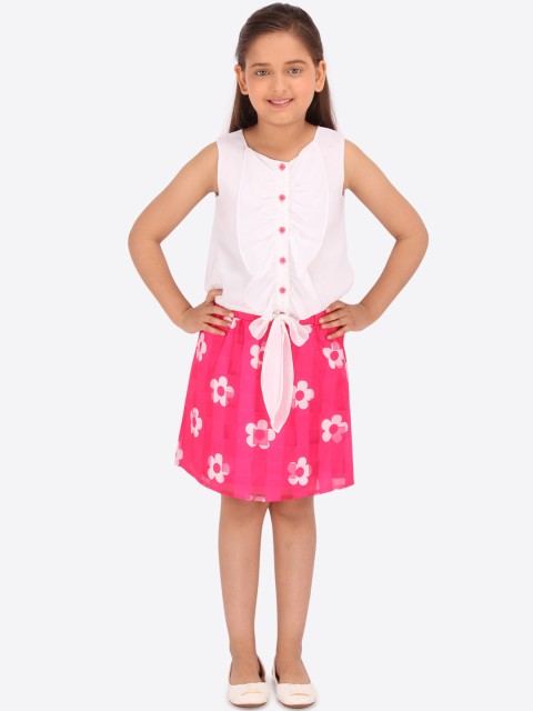 

CUTECUMBER Girls White & Pink Solid Top with Skirt