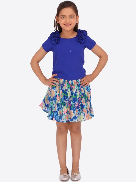 

CUTECUMBER Girls Blue & Orange Solid Top with Skirt