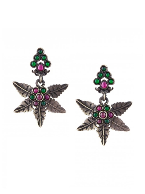 

ahilya 92.5 Sterling Silver Green & Pink Floral Drop Earrings