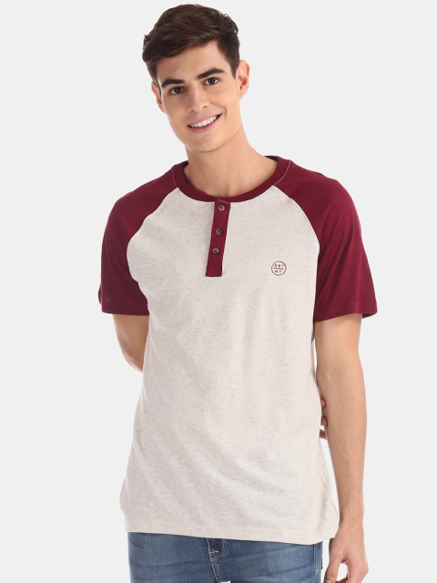 

Aeropostale Men Peach-Coloured & Maroon Colourblocked Mandarin Collar T-shirt