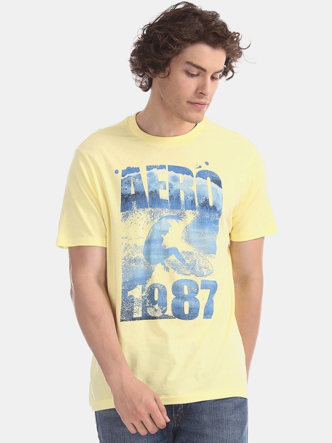 

Aeropostale Men Yellow Blue Printed Round Neck Pure Cotton T-shirt