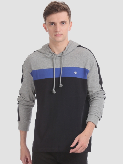 

Aeropostale Men Black Grey Colourblocked Hood Pure Cotton T-shirt