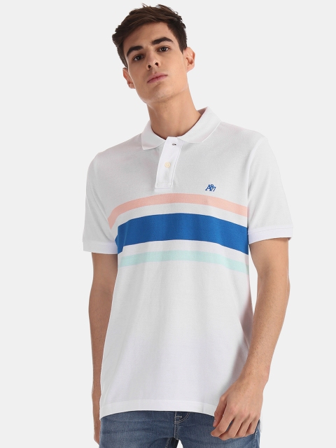 

Aeropostale Men White & Blue Striped Polo Collar T-shirt