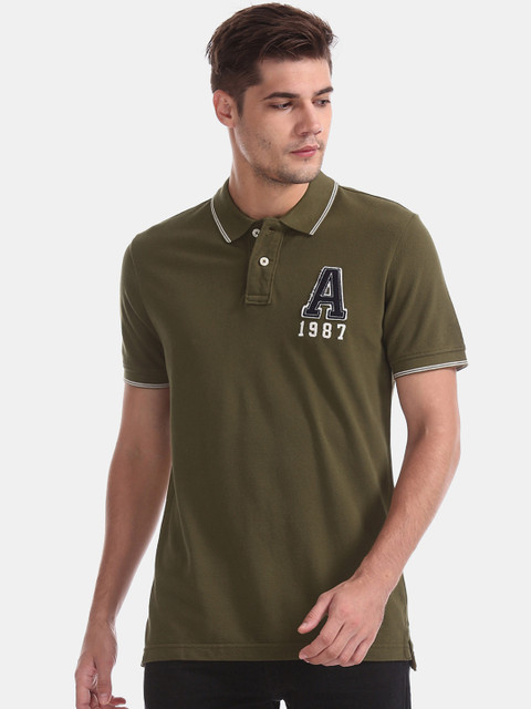 

Aeropostale Men Olive Green Solid Polo Collar T-shirt