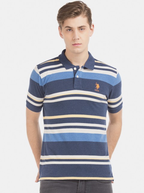 

U.S. Polo Assn. Men Blue & White Striped Slim Fit Polo Collar T-shirt