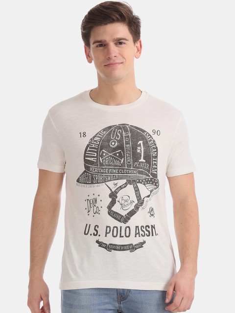

U.S. Polo Assn. Men Off-White & Grey Printed Round Neck T-shirt