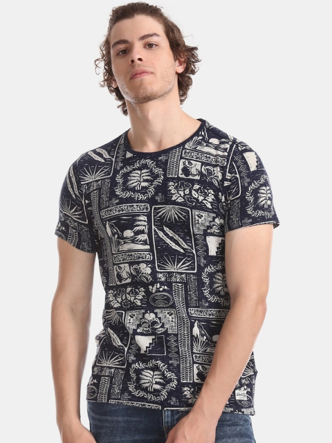 

Flying Machine Men Navy Blue & White Printed Round Neck T-shirt