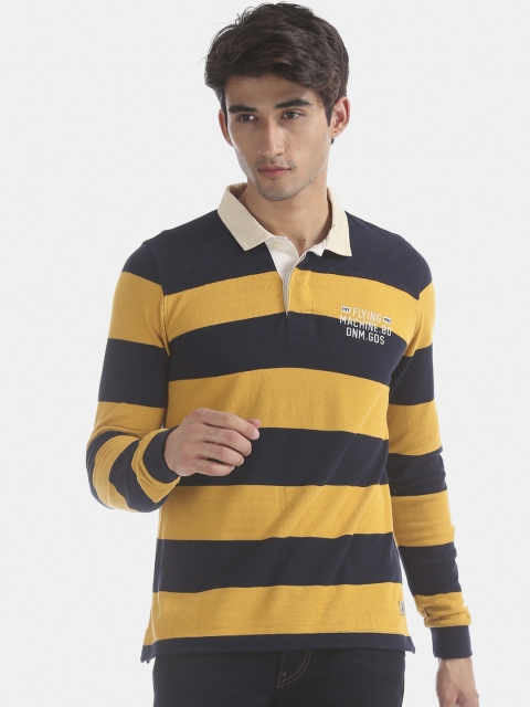 

Flying Machine Men Mustard Yellow & Navy Blue Striped Polo Collar T-shirt