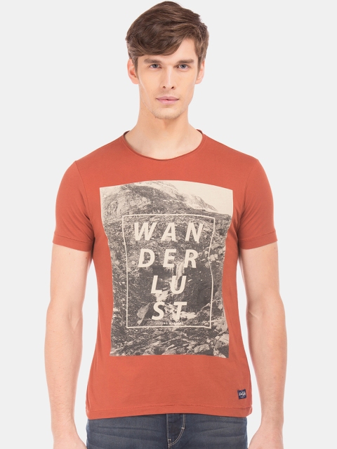 

Flying Machine Men Rust Orange Printed Round Neck T-shirt