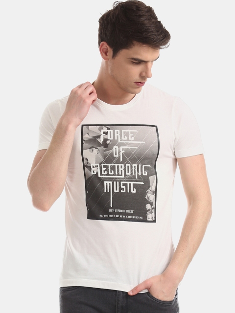 

Flying Machine Men White & Black Printed Round Neck T-shirt
