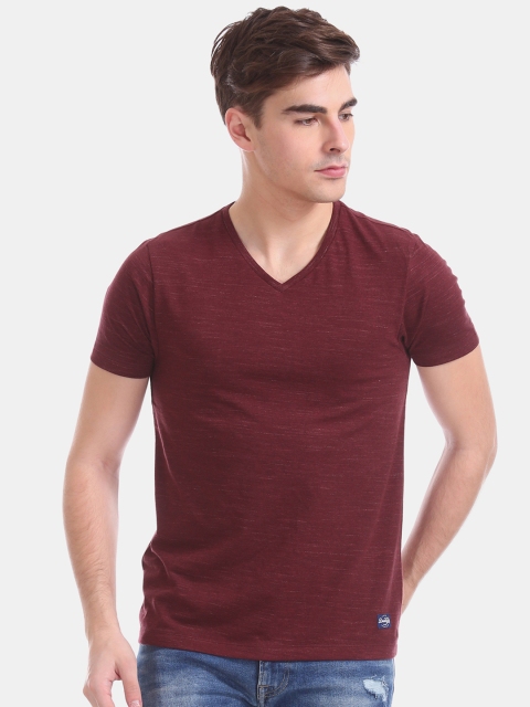 

Flying Machine Men Burgundy Printed V-Neck T-shirt