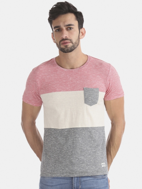 

Flying Machine Men Pink & Beige Colourblocked Round Neck T-shirt