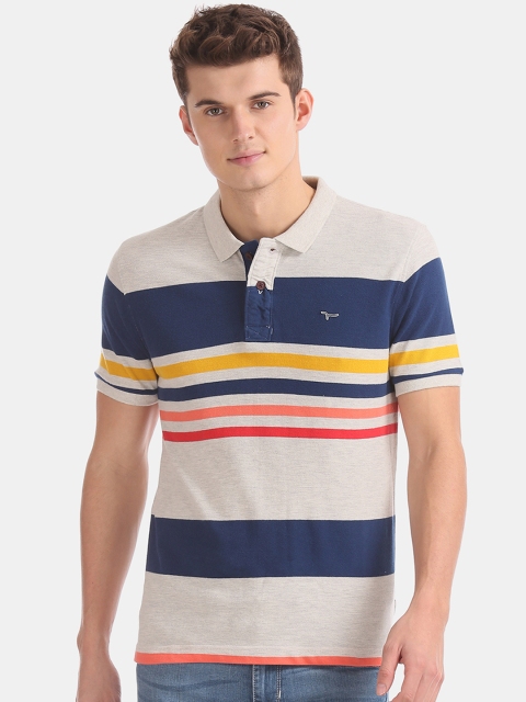 

Flying Machine Men Off-White Striped Polo Collar T-shirt