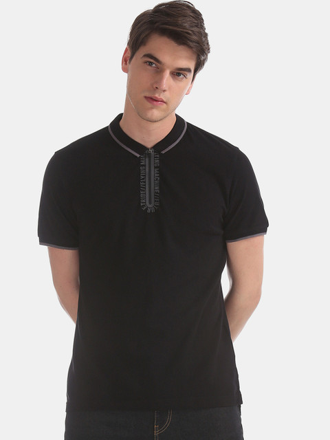 

Flying Machine Men Black Solid Polo Collar Pure Cotton T-shirt