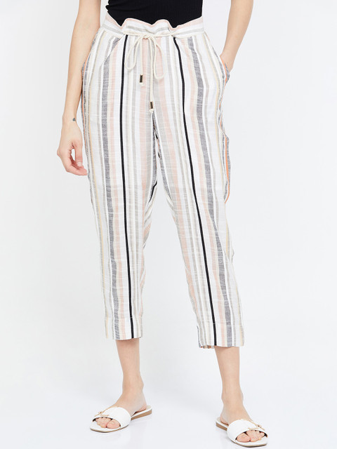 

CODE by Lifestyle Women Off-White & Grey Regular Fit Striped Peg Trousers