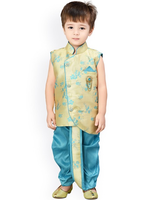 

Jeetethnics Boys Blue & Gold-Toned Self Design Kurta with Dhoti Pants