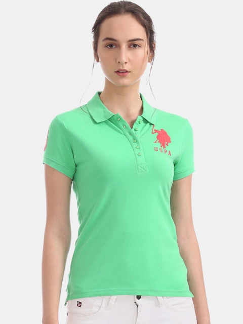 

U.S. Polo Assn. Women Green Solid Polo Collar T-shirt