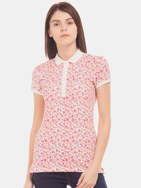 

U.S. Polo Assn. Women Off-White & Red Floral Printed Polo Collar T-shirt