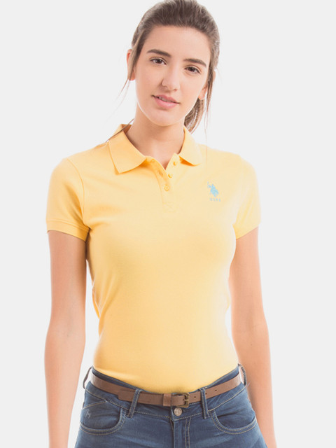 

U.S. Polo Assn. Women Yellow Solid Polo Collar T-shirt
