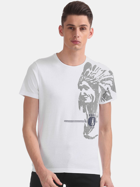 

Arrow Blue Jean Co. Men White Printed Round Neck Pure Cotton T-shirt