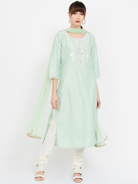 

Melange by Lifestyle Women Green & Off-White Printed Kurta with Churidar & Dupatta