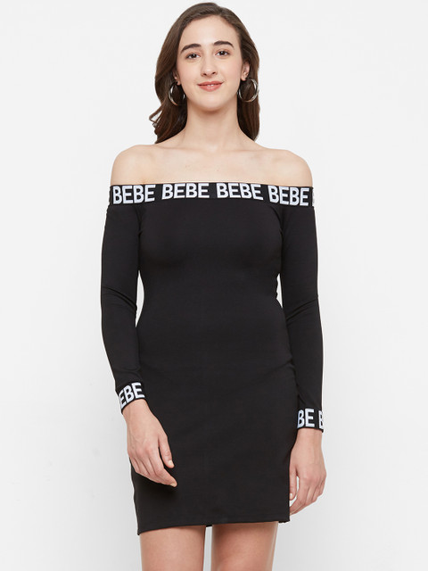 

bebe Women Black Solid Fitted Logo Sheath Dress