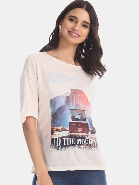 

Flying Machine Women Peach-Coloured Printed Round Neck T-shirt