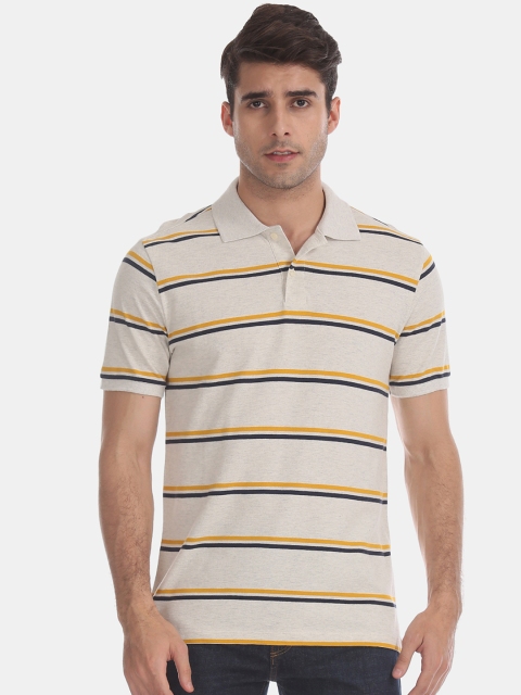 

GAP Men Beige & Yellow Striped Polo Collar T-shirt