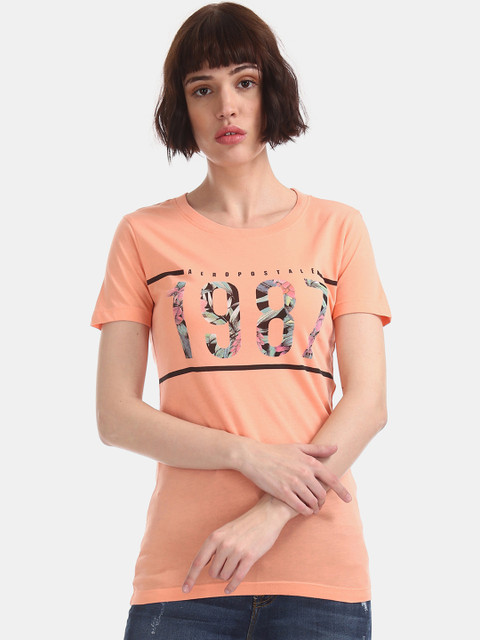 

Aeropostale Women Orange Printed Round Neck Pure Cotton T-shirt