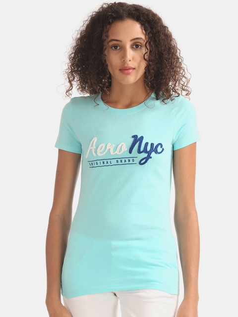 

Aeropostale Women Turquoise Blue Brand Logo Printed Round Neck T-shirt