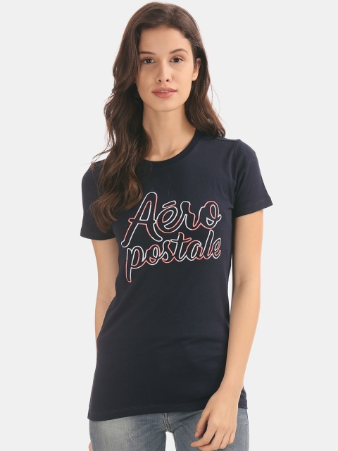 

Aeropostale Women Navy Blue Printed Round Neck Pure Cotton T-shirt