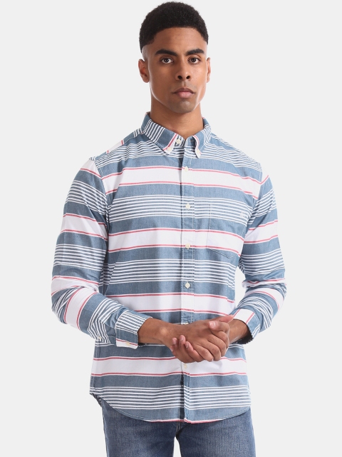 

Aeropostale Men White & Grey Slim Fit Striped Casual Shirt