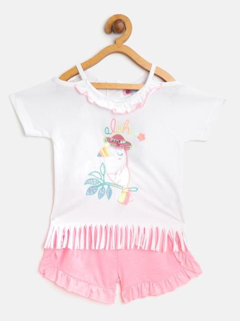 

Nauti Nati Girls White & Pink Self-Design Cold-Shoulder Top with Shorts