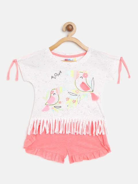 

Nauti Nati Girls Off-White & Coral Pink Printed Boxy Top with Shorts