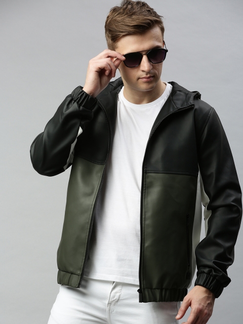 

WROGN Men Olive Green & Black Colourblocked Open Front Jacket