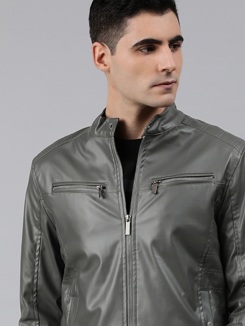 

WROGN Men Grey Solid Biker Jacket