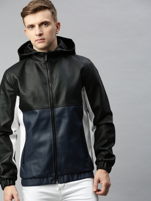 

WROGN Men Navy Blue & Black Colourblocked Open Front Jacket