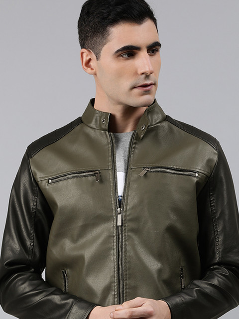 

WROGN Men Olive Green Solid Biker Jacket
