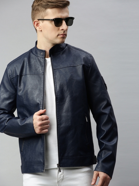 

WROGN Men Navy Blue Solid Biker Jacket